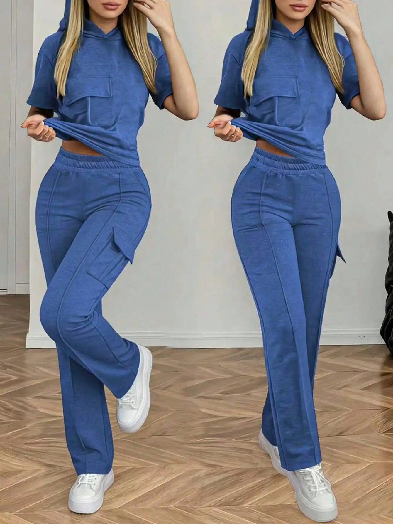 Summer Women's Suit New Style Casual Comfortable Solid Color Hooded Short-Sleeve Top with Versatile Elastic Waist Pocket Straight-Leg Pants Women's Two-Piece Set