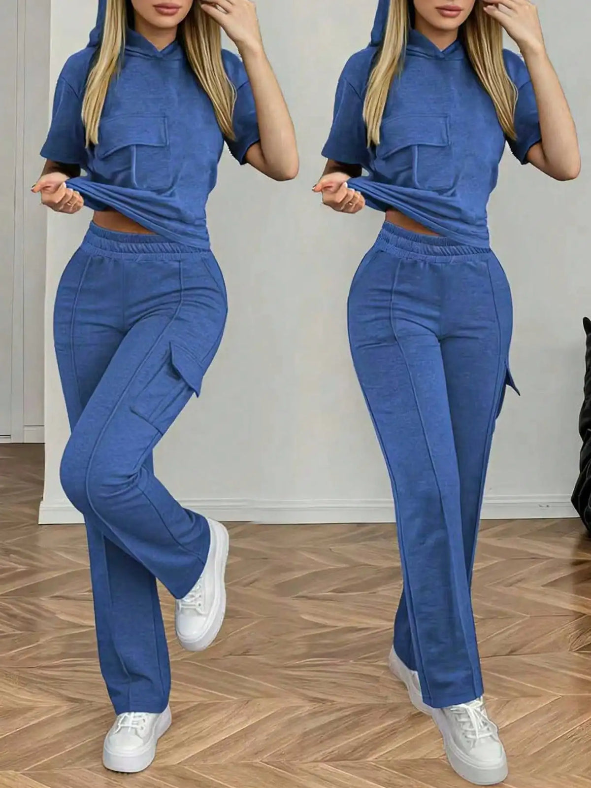 Summer Women's Suit New Style Casual Comfortable Solid Color Hooded Short-Sleeve Top with Versatile Elastic Waist Pocket Straight-Leg Pants Women's Two-Piece Set
