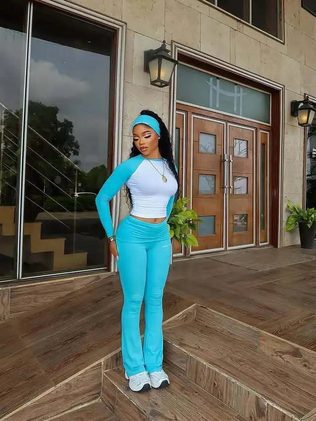 FAGADOER Casual 2 Pieces Set for Woman Long Sleeve Round Neck T-Shirt and High Waist Pants Matching Tracksuits Female Sportswear