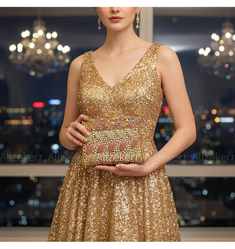 Metallic Leaf Diamond Evening Bag With Rhinestone Accents for Women