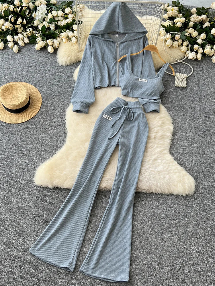 Sporty Three Piece Hoodie, Camisole and Pants Set for Women