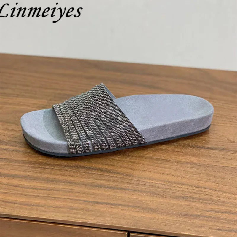 Cow Suede Bead Chain Narrow Strap Slippers for Women