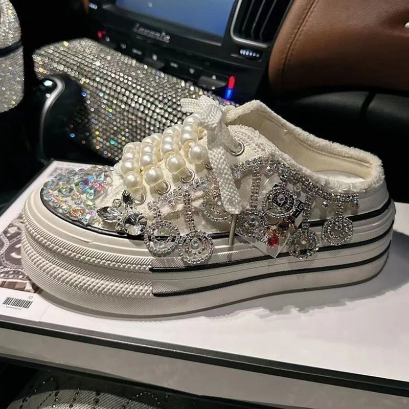 Shiny Sequined Pearl Stud Canvas Slippers for Women