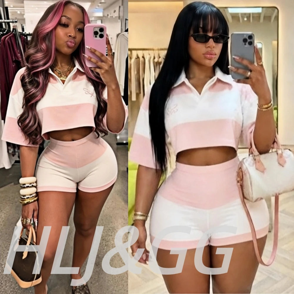 Pink Color Block V Neck Crop Top and Shorts Set for Women