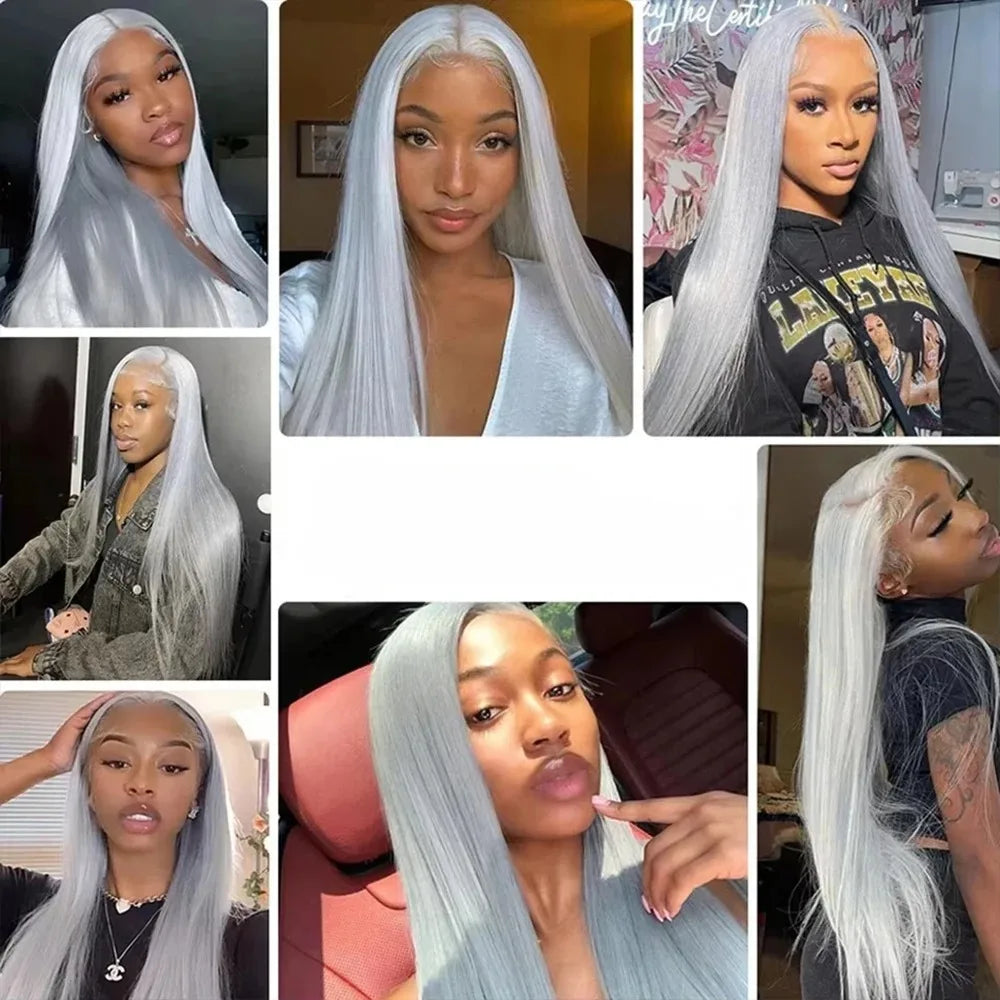 Grey Straight Lace Front Wig With Preplucked Hair for Women
