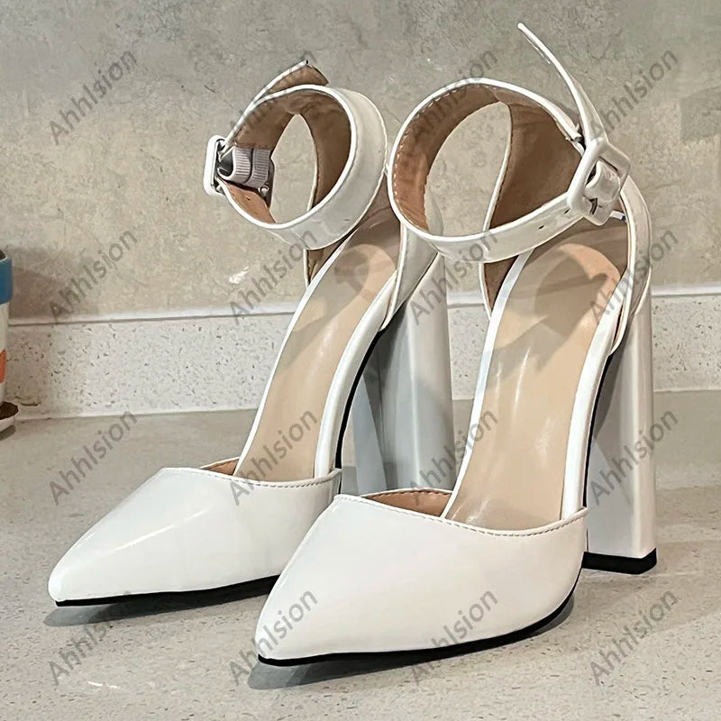 Elegant White Glossy Pointed Toe Platform Pumps for Women