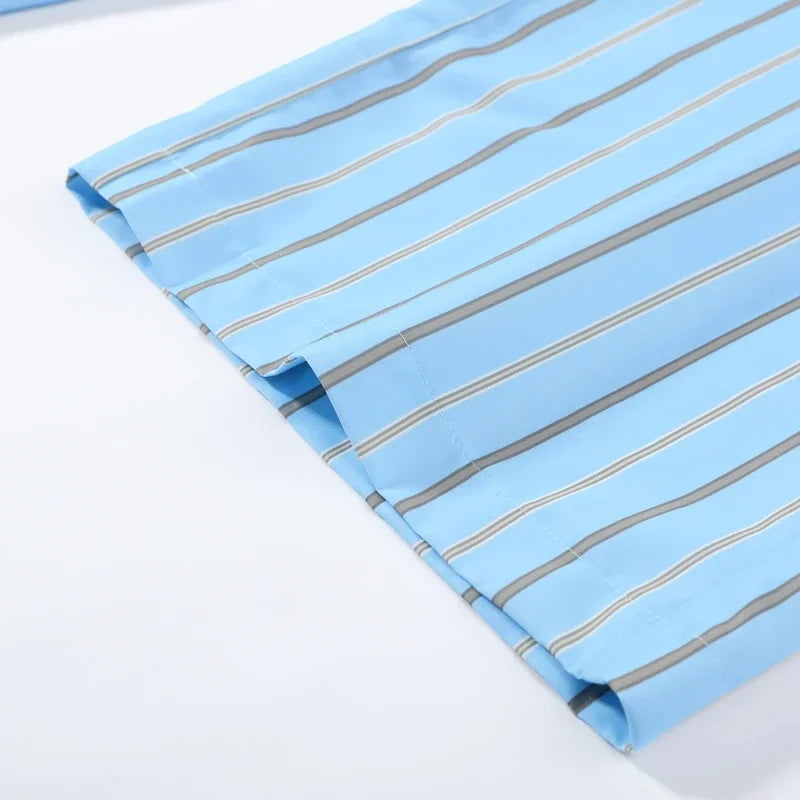 Blue Striped Puff Shoulder Shirt And Pants Set For Women