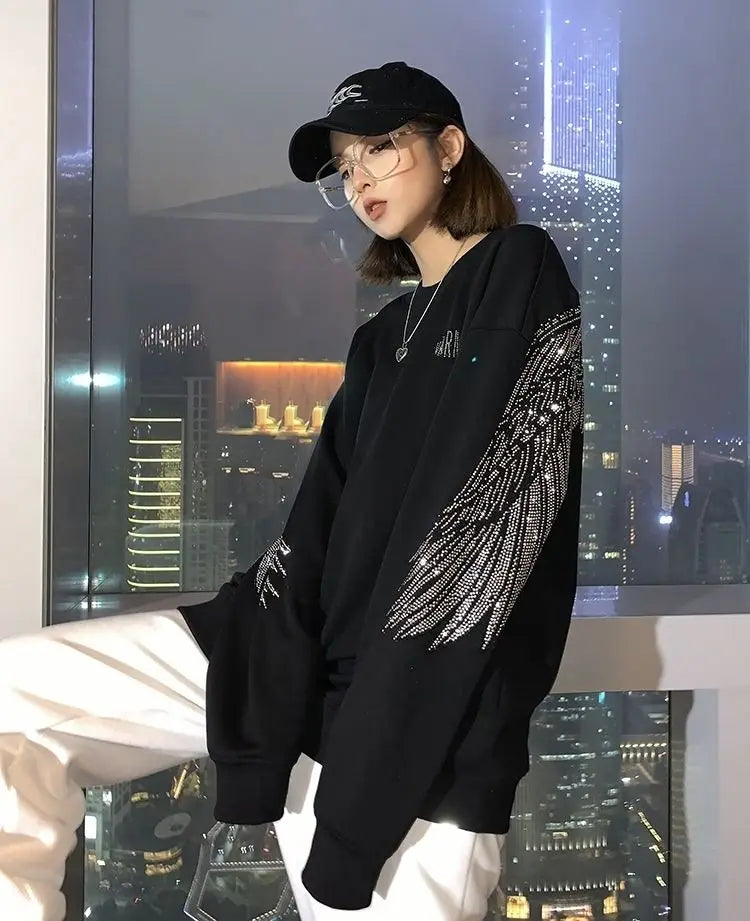 Tees Graphic Glitter Female Tops Loose Tshirts Rhinestone Women's T Shirts Black Clothes Sequin 2025 Aesthetic Coquett Pulovers
