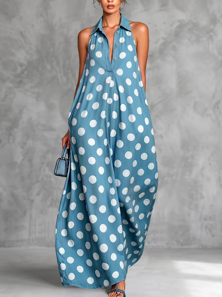 Casual Polka Dot Halter Sleeveless Maxi Dress For Women