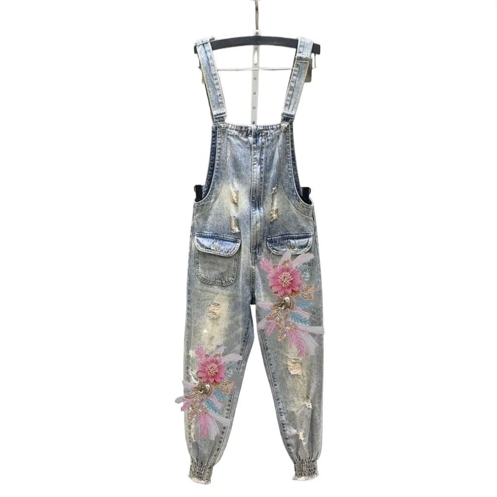Women Jeans Jumpsuit Industry Nail Bead 3D Flower Bundle Foot Cowboy Strap Pants Casual Loose Wide Leg Bundle Foot Jumpsuit