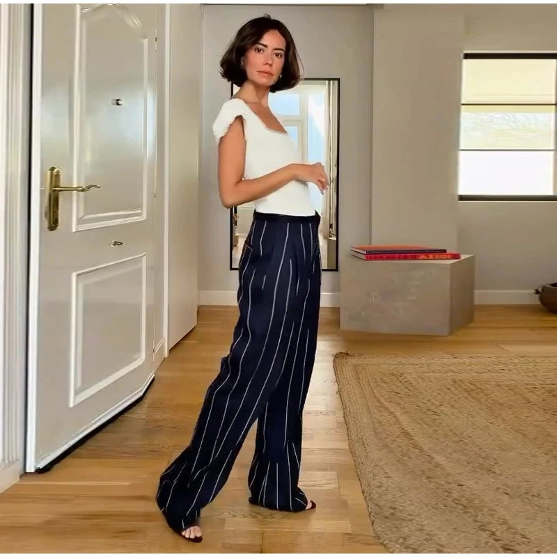 Elegant Striped Two Piece Coat and Pants Set for Women
