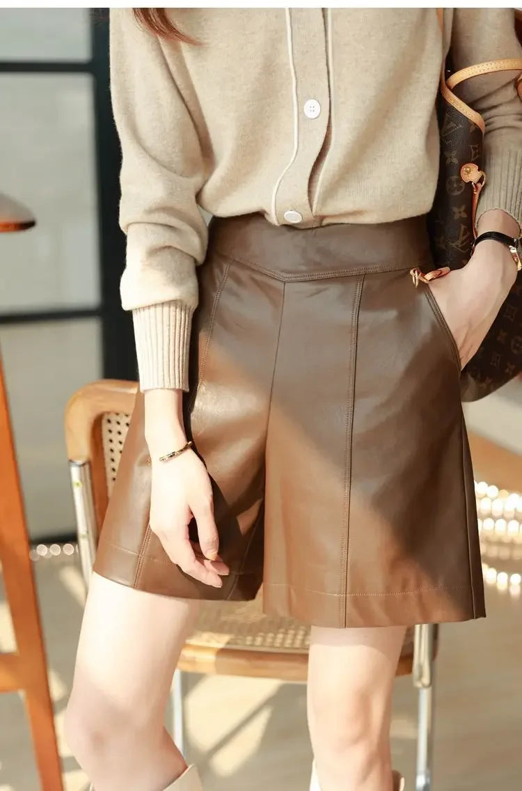 High Waist Wide Leg A Line Patchwork Faux Leather Shorts For Women
