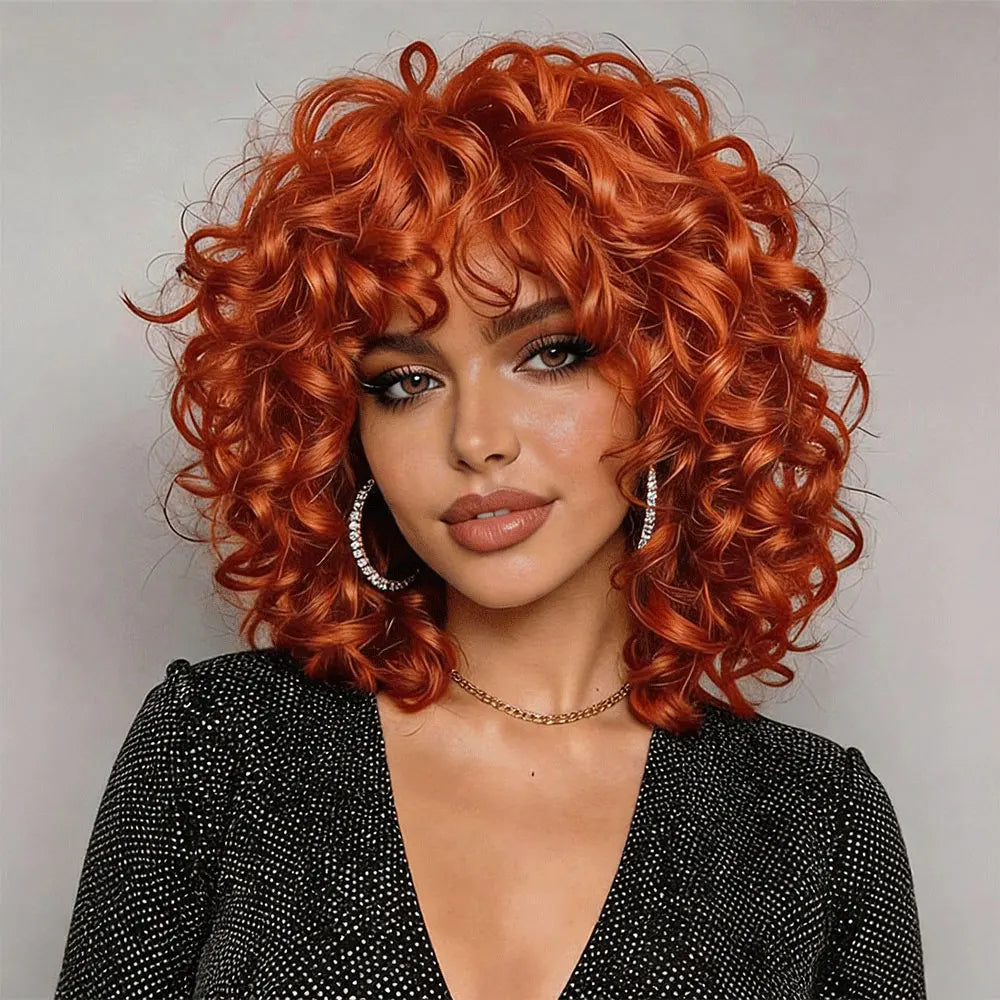 Glueless Natural Ginger Afro Curly Wig With Bangs For Women