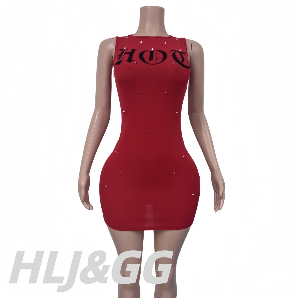 Letter Print Sleeveless Rivet Bodycon Mini Dress for Women