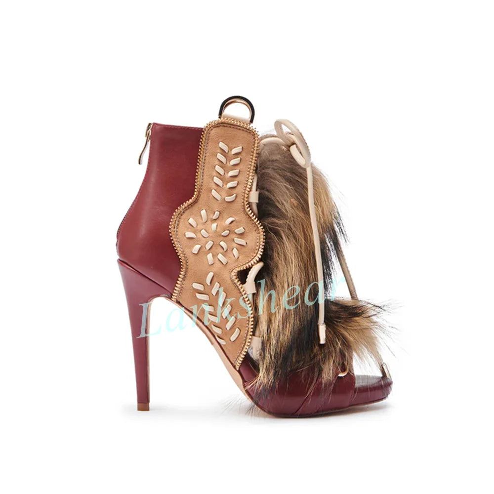 Open Toe Beige Suede Cutout Lace Up Faux Fur Trim Sandal Boots New for Women