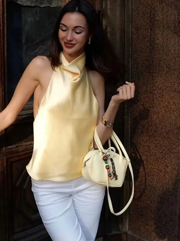 Sleek Solid Color Back Button Halter Neck Top for Women