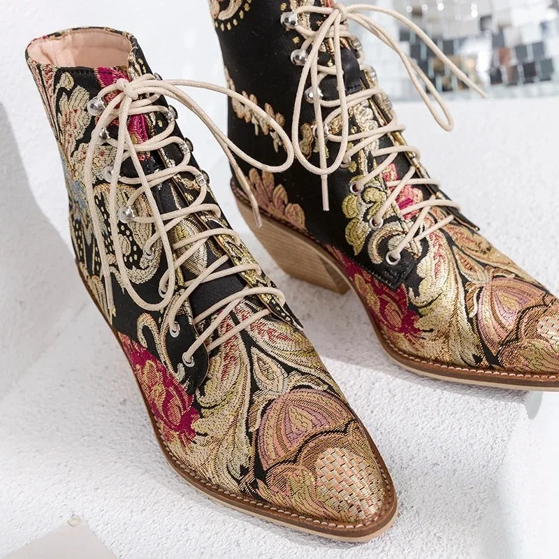 Blue Embroidered Flower Chinese Style Ankle Boots For Women
