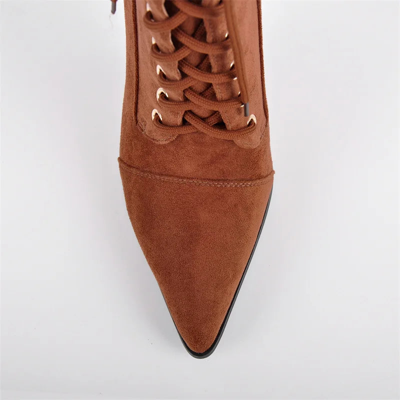 Pointed Toe Lace Up Stiletto Mid Calf Boots for Women