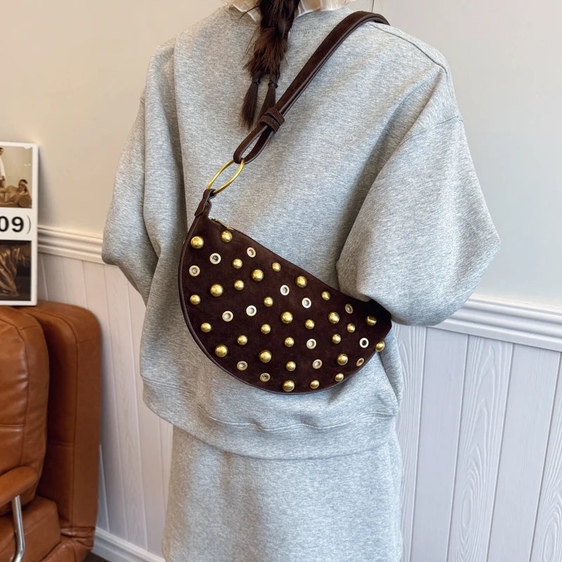 Faux Suede Rivet Half Moon Shoulder Bag for Women