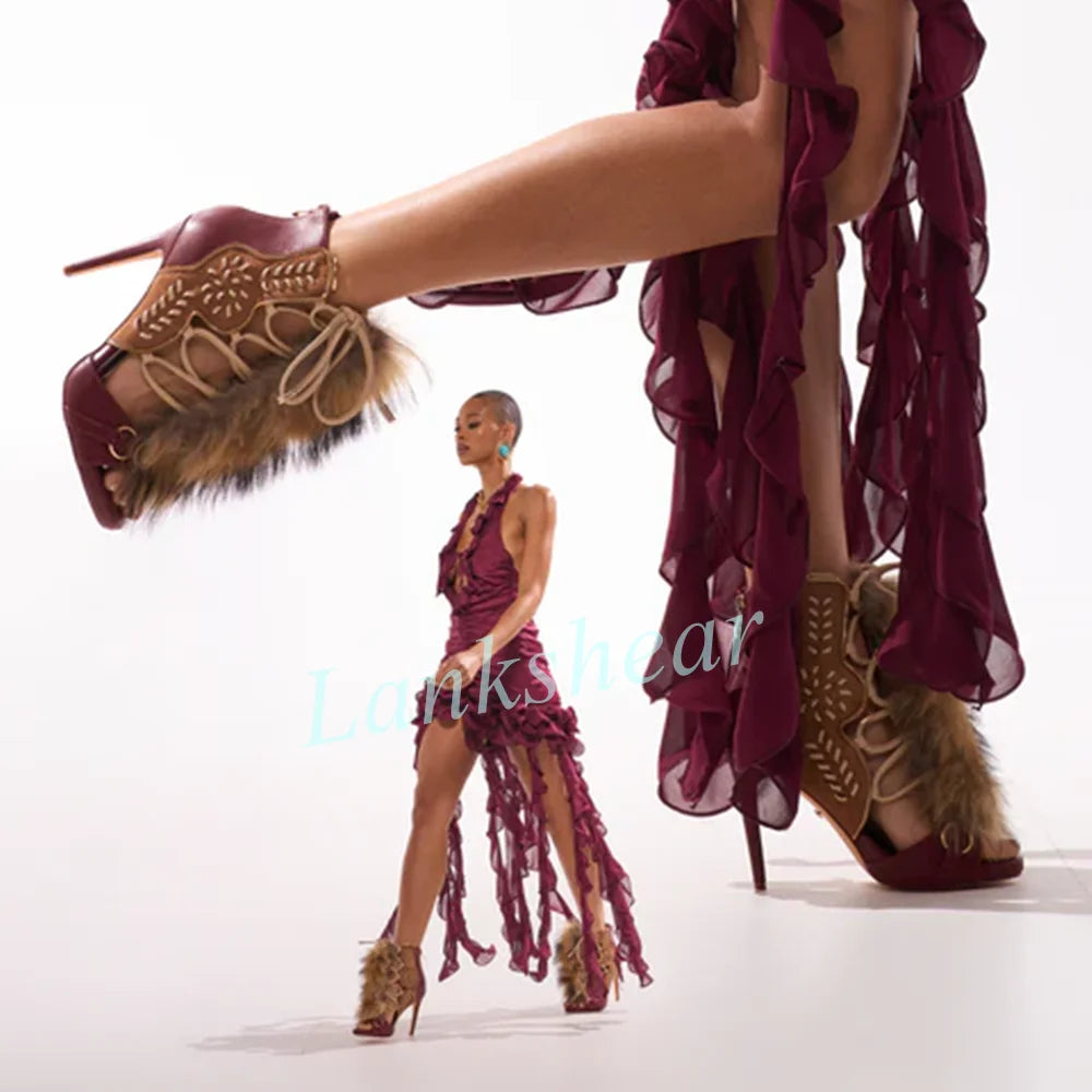 Open Toe Beige Suede Cutout Lace Up Faux Fur Trim Sandal Boots New for Women