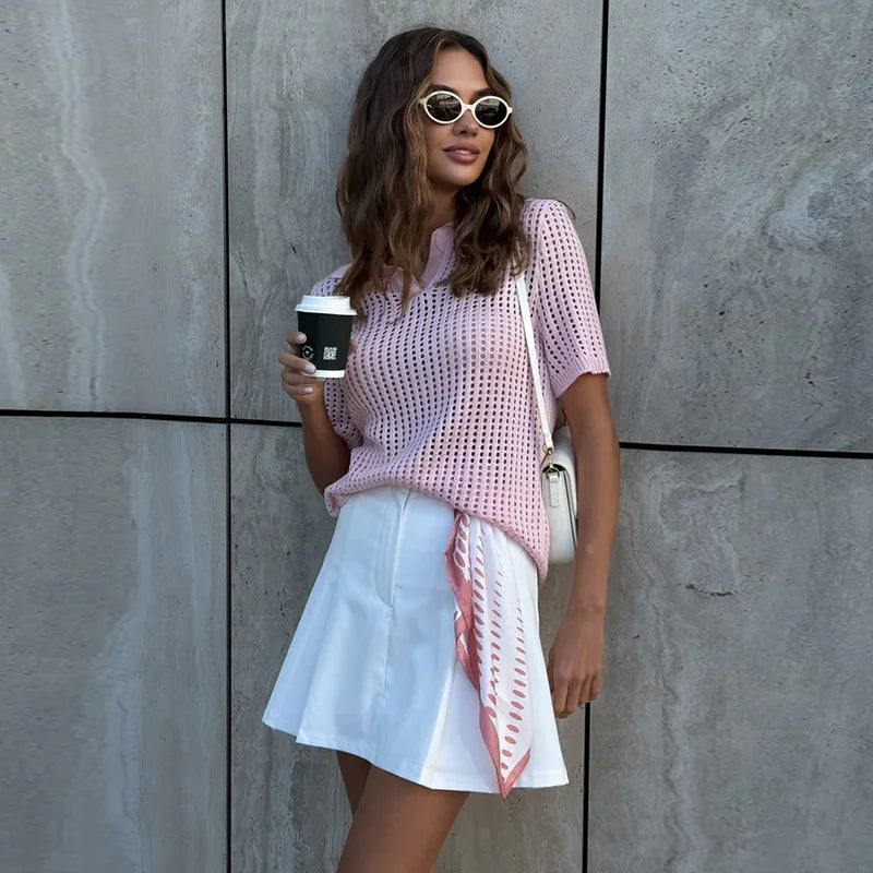 Casual Hollow Out Knit V Neck Pullover Sweater for Women