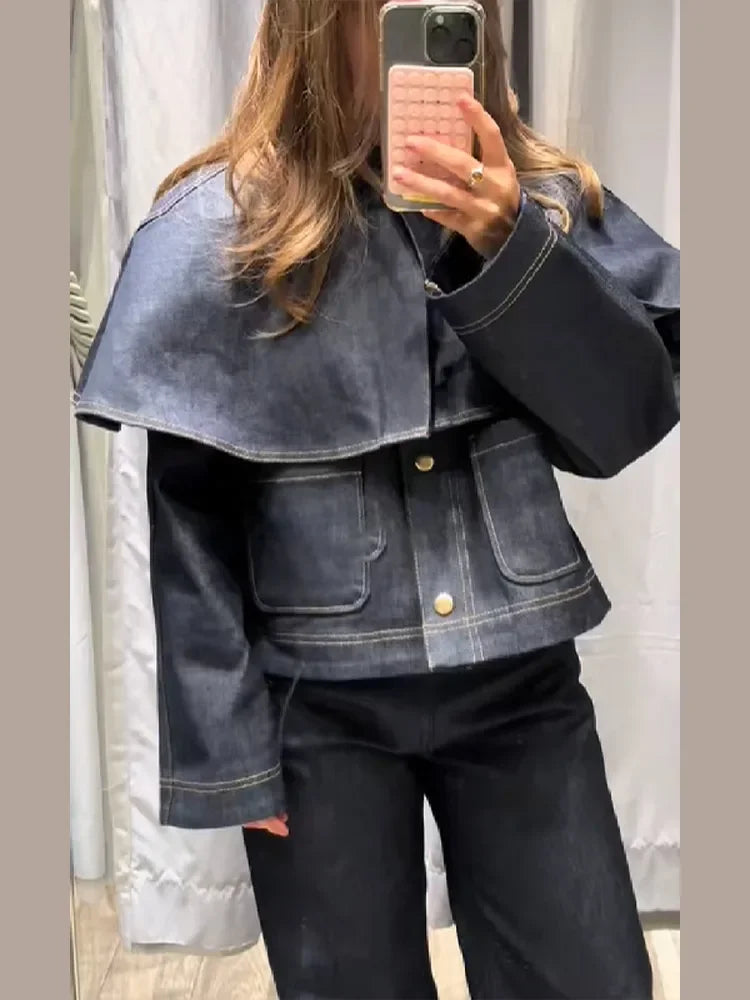 Chic Vintage Cape Denim Jackets For Women Lapel Single Breasted Pocket Jean Coat Pocket Casual Outwear 2025 Autumn Winter Coats