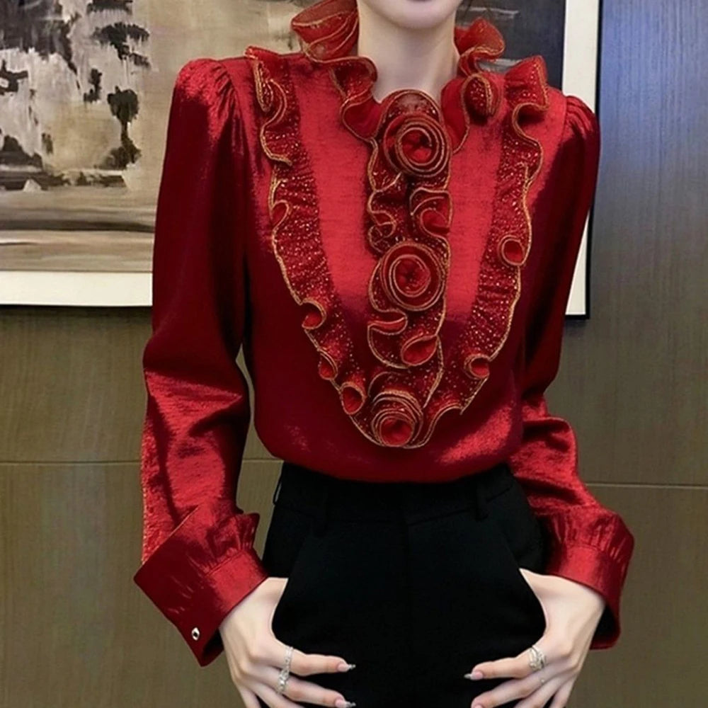 French Inspired Red Scalloped Edge Casual Top for Women