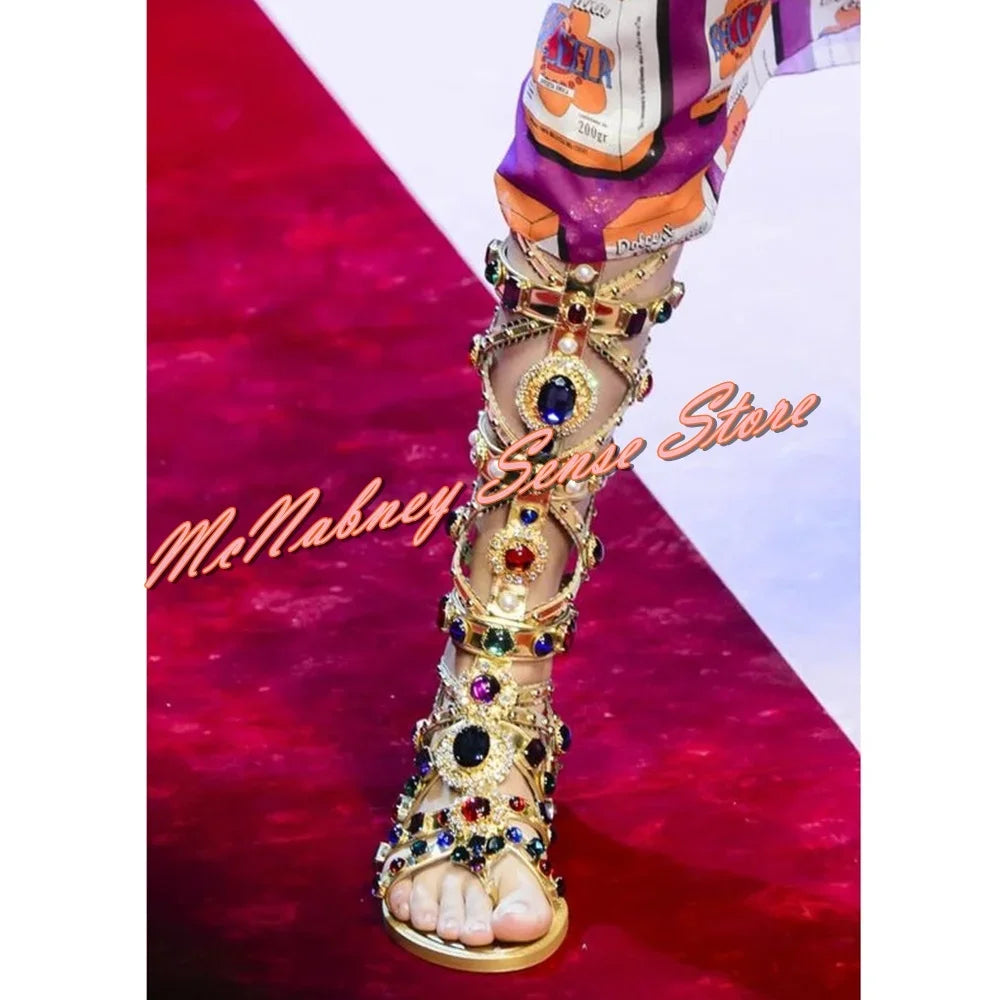 Fashionable Gold Rhinestone Open Toe Sandals For Women