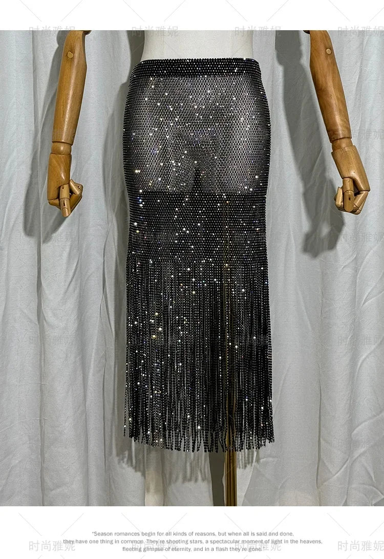 Women's Clothes High Waist Skirt Winter 2025 Early Autumn New Socialite Light Luxury Heavy Embroidery Sequins Tassel Midi Skirts