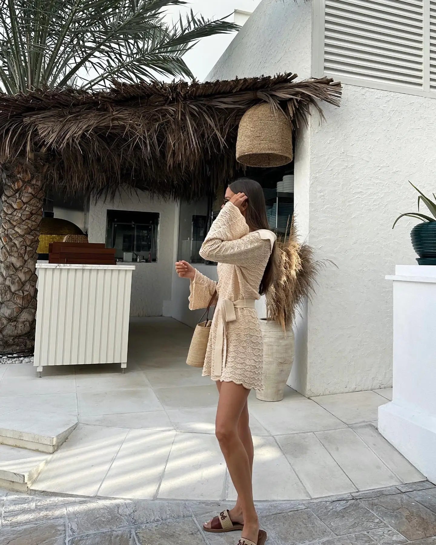 Sexy Shirt V-neck Bell Sleeve Hollow Out Knitted Belted Beach Mini Dress 2025 Summer Swimsuit Cover Up Women's Casual Outfit K16