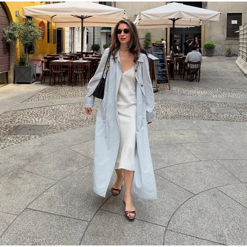 Lapel Collar Button Front Long Trench Coat With Waist Belt for Women