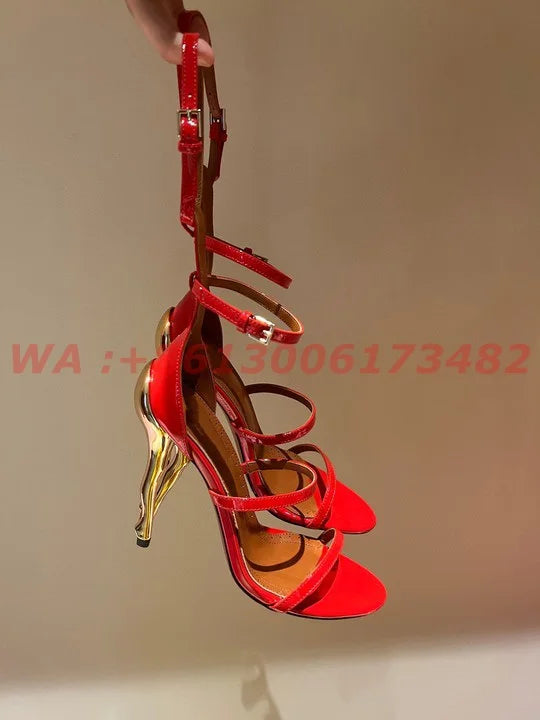 New Fashion Design Women Gold Cabaret Sculptural-Heel Strappy Sandals Ankle Strap Heel Cabaret Dancers Sandals Plus Size
