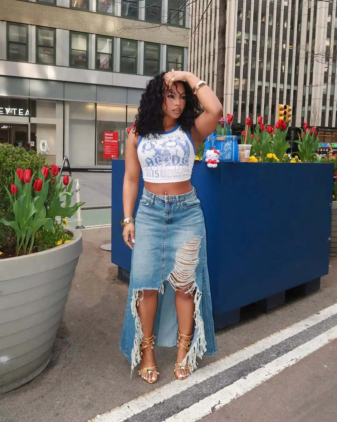Distressed High Waist Denim Skirt With Irregular Hem For Women