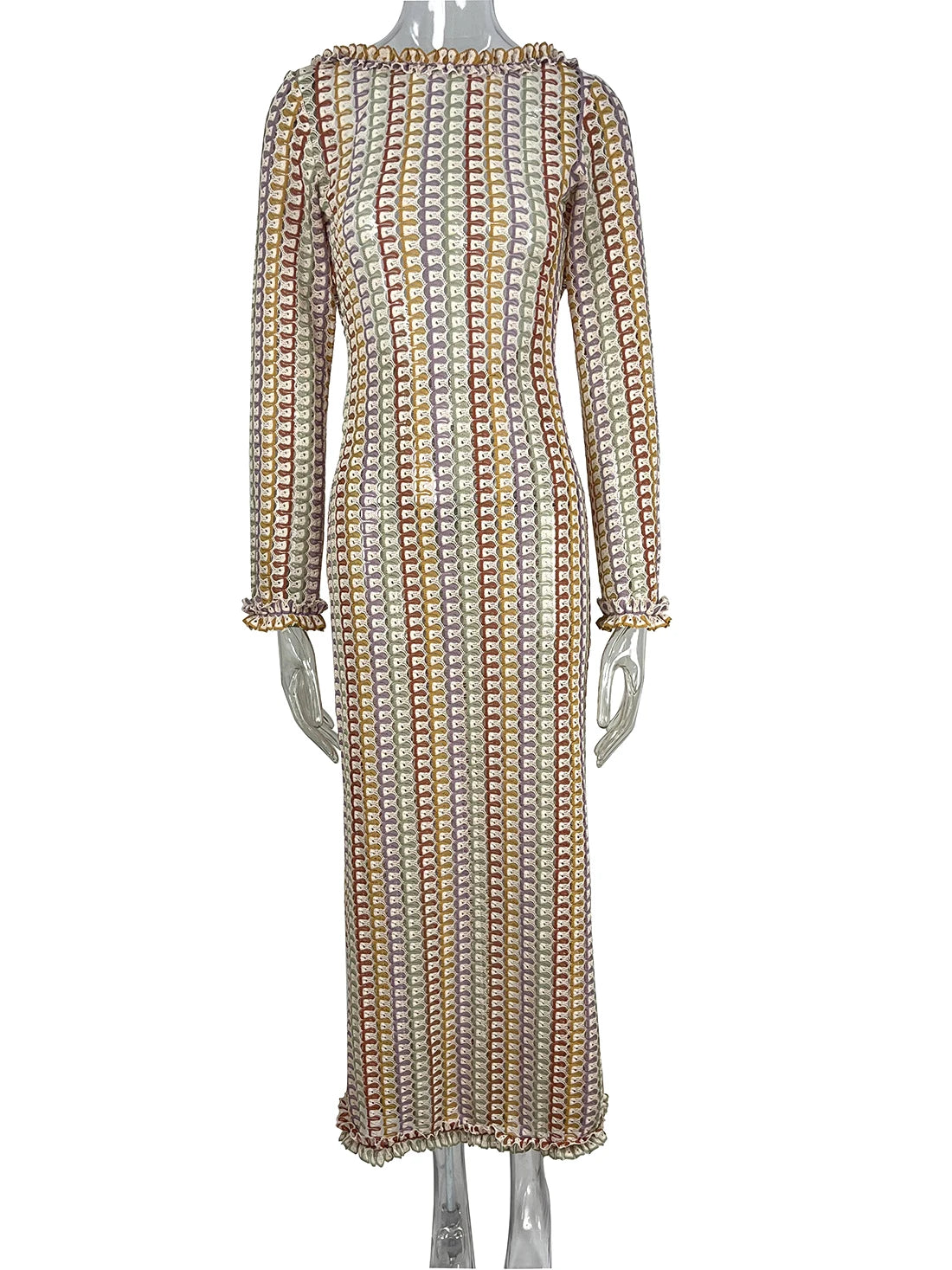 Sexy Backless Flare Sleeve Lace Knit Cut Out Party Beach Maxi Dress 2025 Summer Women Vacation Beachwear Swimsuit Cover Up A2815