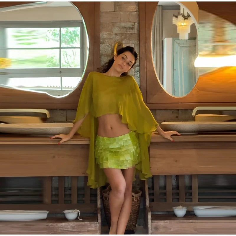 Sheer Chiffon Cape Top and Sequin Mini Skirt Set for Women
