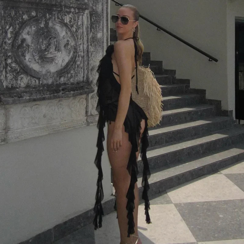 Y2K Sheer Mesh Spaghetti Strap Camisole Top White Ruffle Fringe Halter Tops Coquette Fairy Core Clothes 2024 Fashion