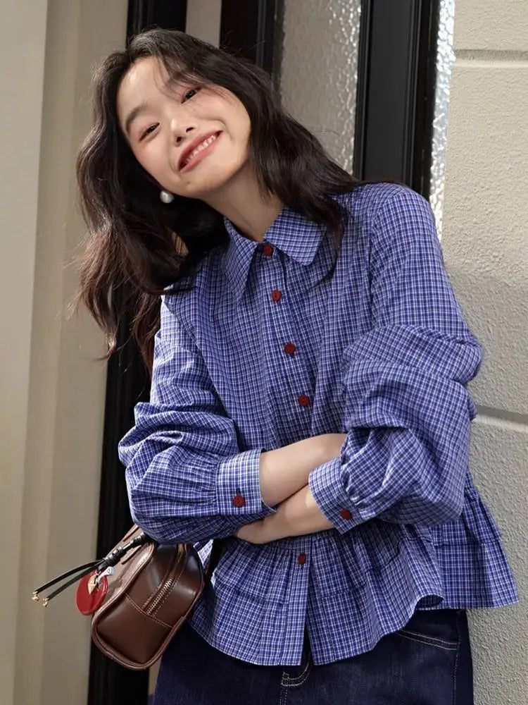 Blue Checkered Ruffle Trim Blouse With Turn Down Collar for Women