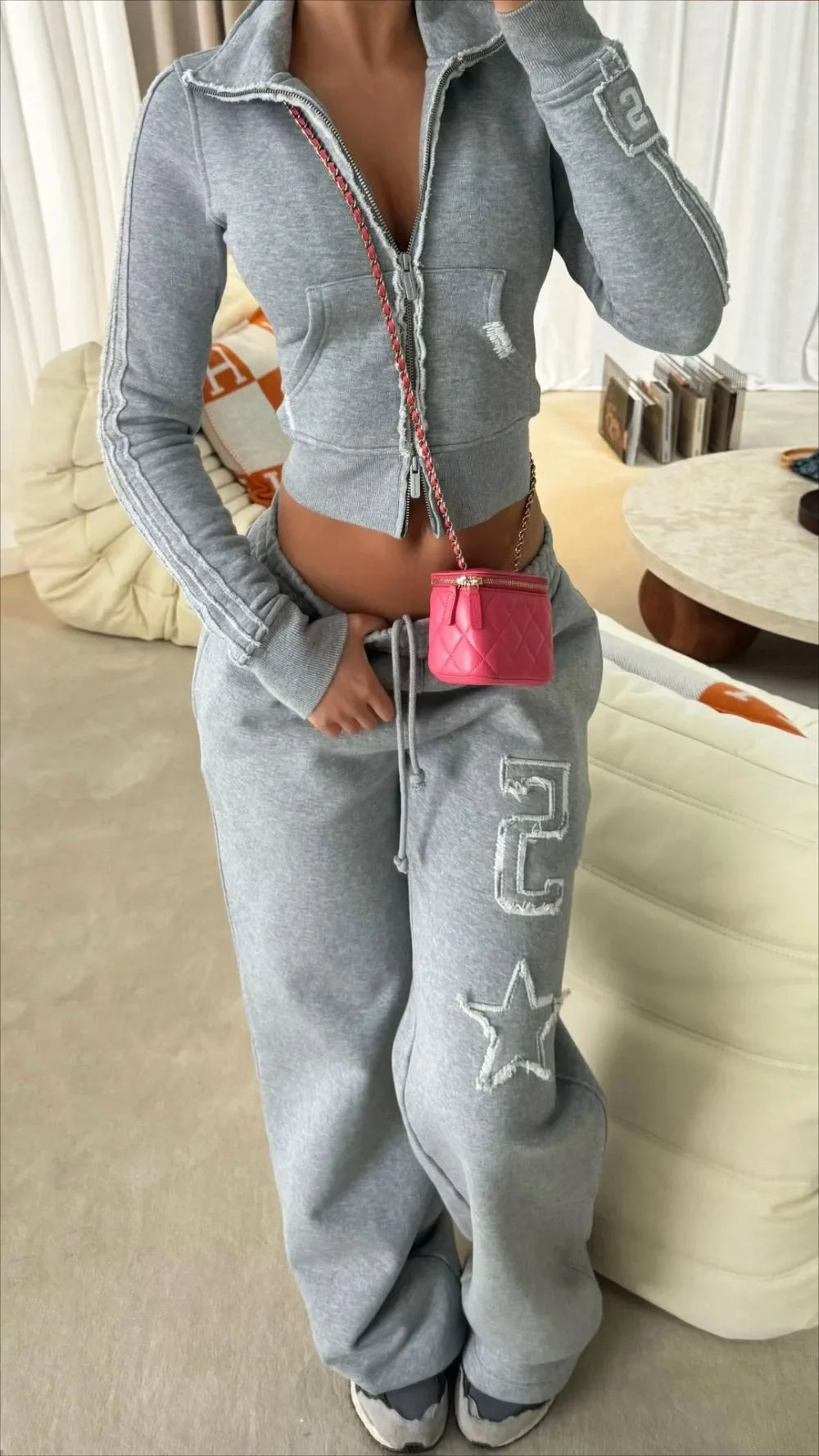 Letter Embroidery Zip Hoodie Set