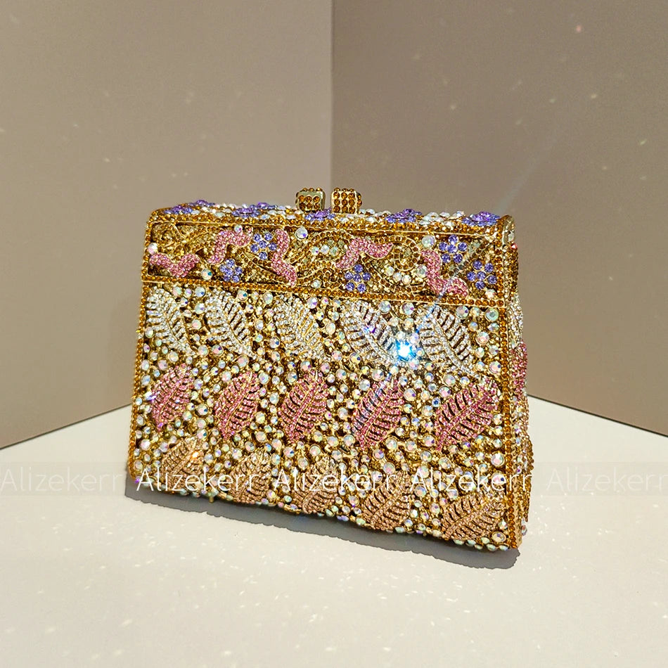Metallic Leaf Diamond Evening Bag With Rhinestone Accents for Women