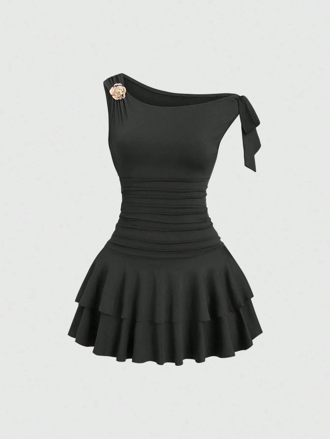 One Shoulder Layered Ruched Floral Mini Dress for Women