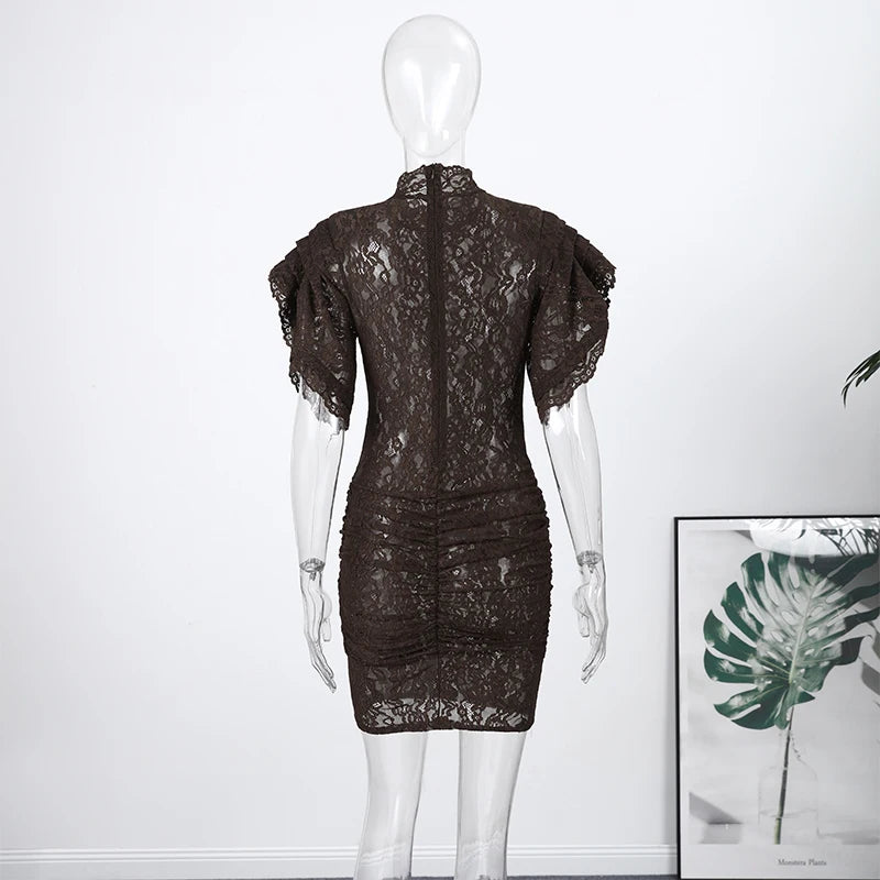 Sheer Lace Flared Sleeve Knee Length Party Dress for Women