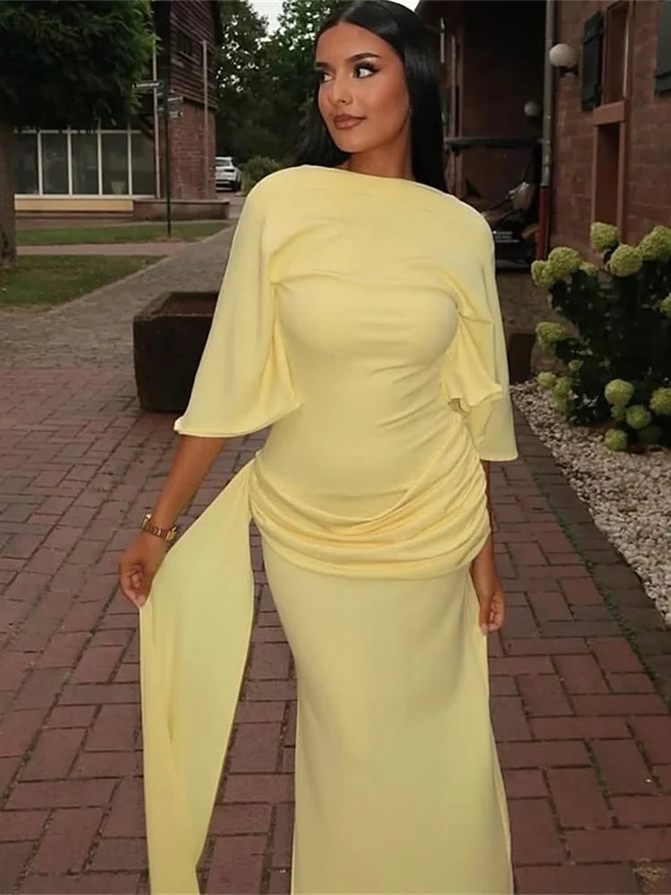 Backless Maxi Dress With Ribbon Decoration and Half Sleeve for Women