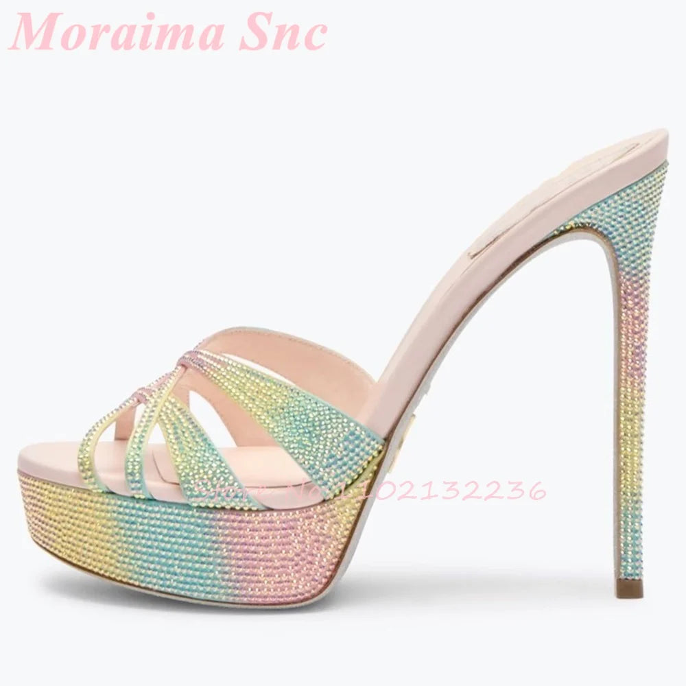 Crystal Rhinestone Platform Stiletto Crisscross Mules for Women