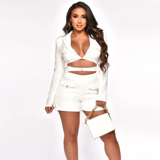 Elegant Stylish Blazer Style Rompers Womens Jumpsuit Shorts Long Sleeve Hollow Out Bodycon Playsuit One Pieces Club Outfits