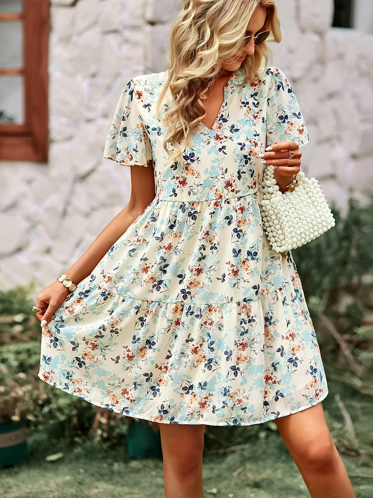 Casual Round Neck Floral Print Pullover Dress For Women
