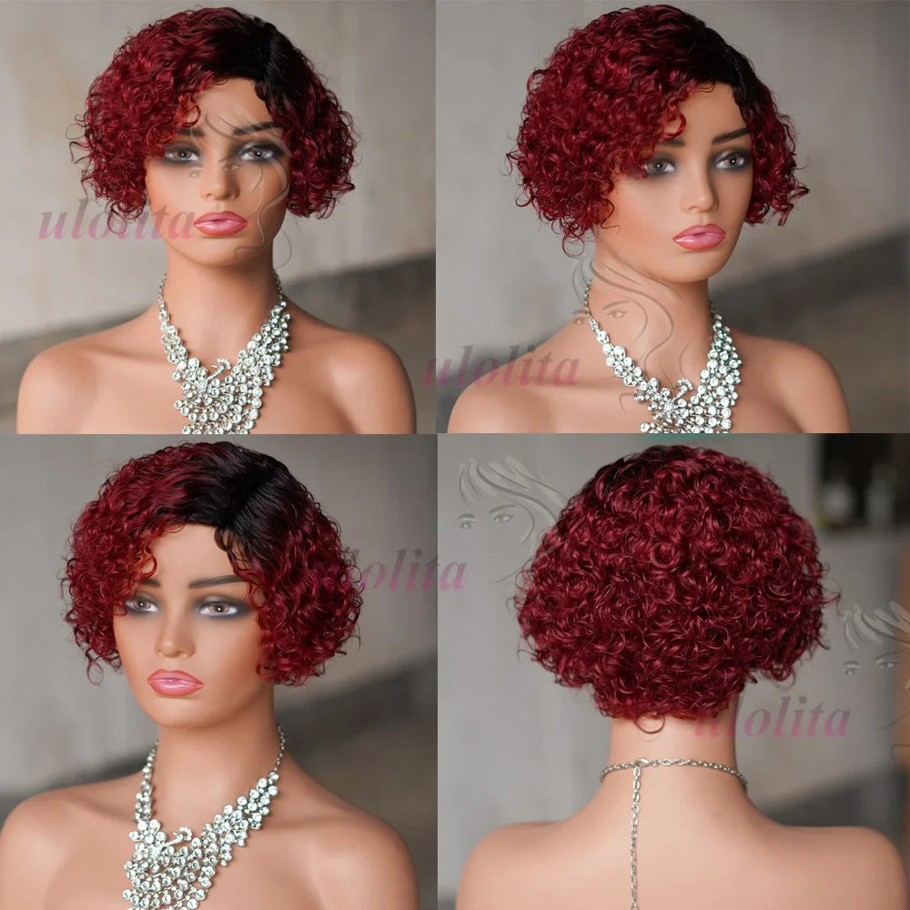 Ombre Pixie Cut Curly Bob Human Hair Wig for Women