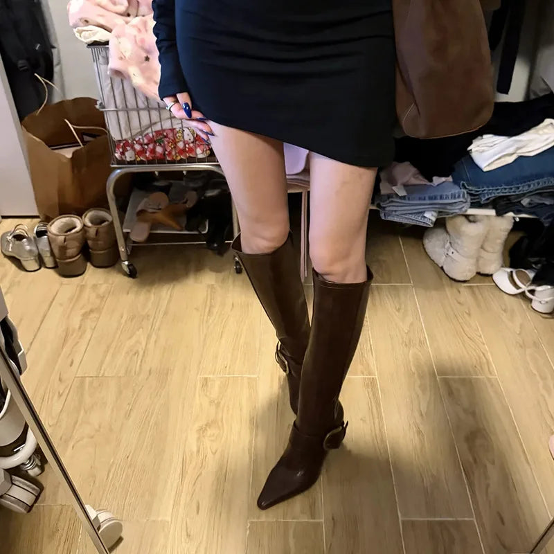 Elegant Pointed Toe Metal Buckle Mid Calf Boots for Women