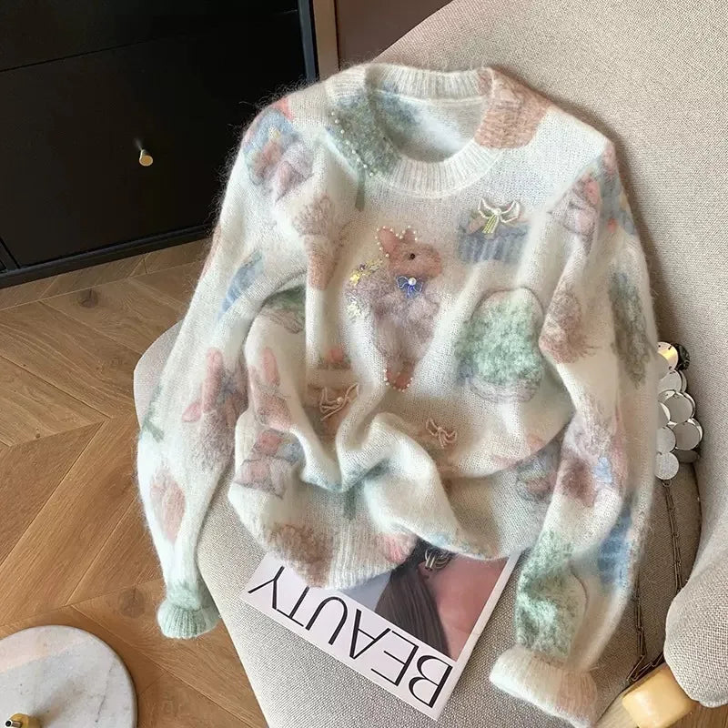 Rabbit Print Beaded Knit Sweater