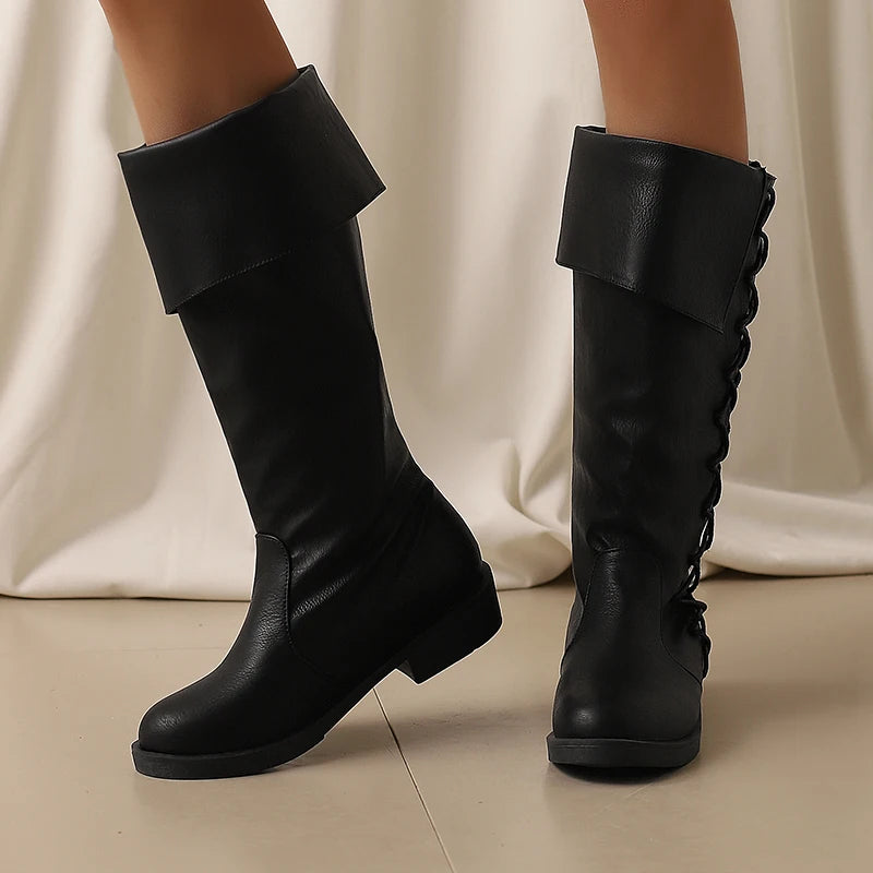 Retro Cross-Tied Flat Mid-Calf Costume Boots for Women