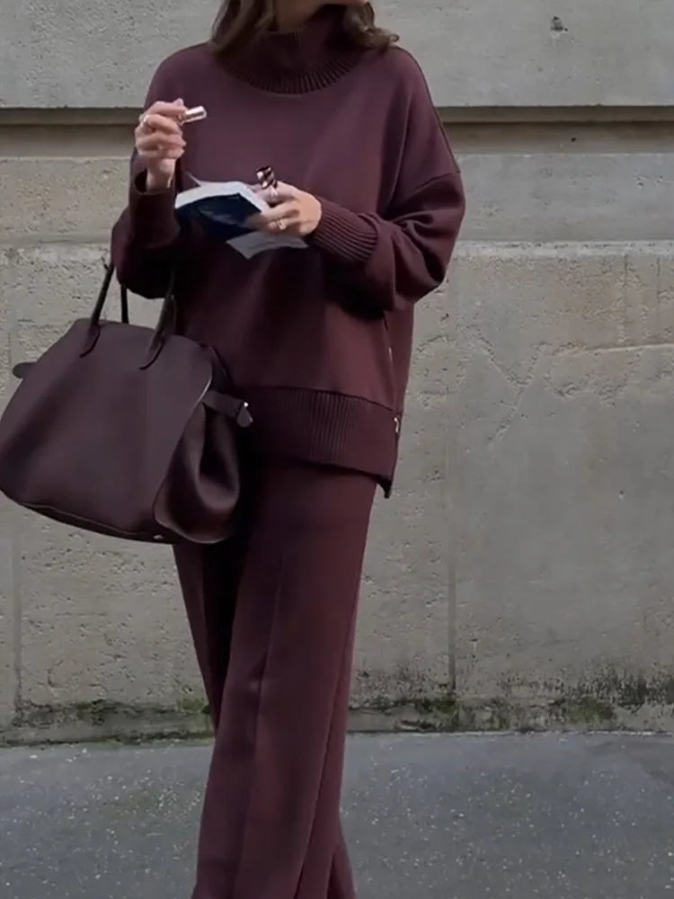 Half High Collar Pullover and Wide Leg Pants Set for Women